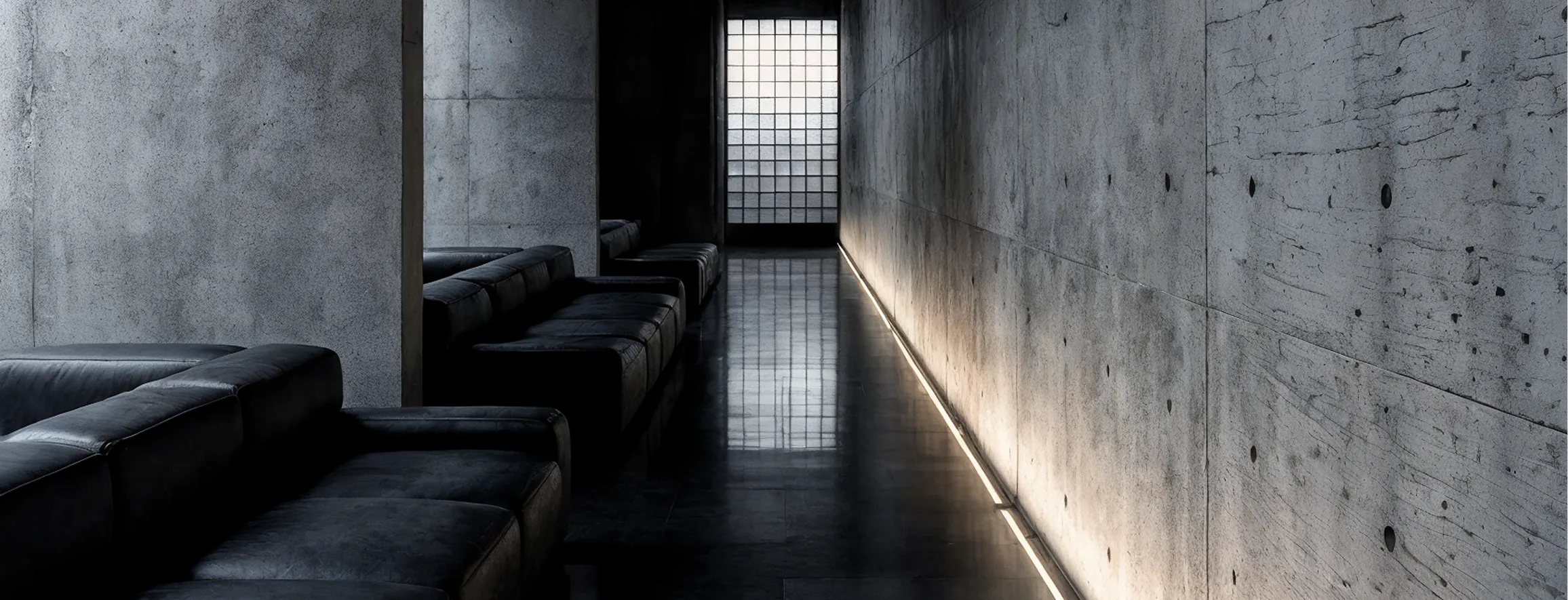 Modern hallway with black leather sofas on left and lit concrete wall on right leading to a glass door.