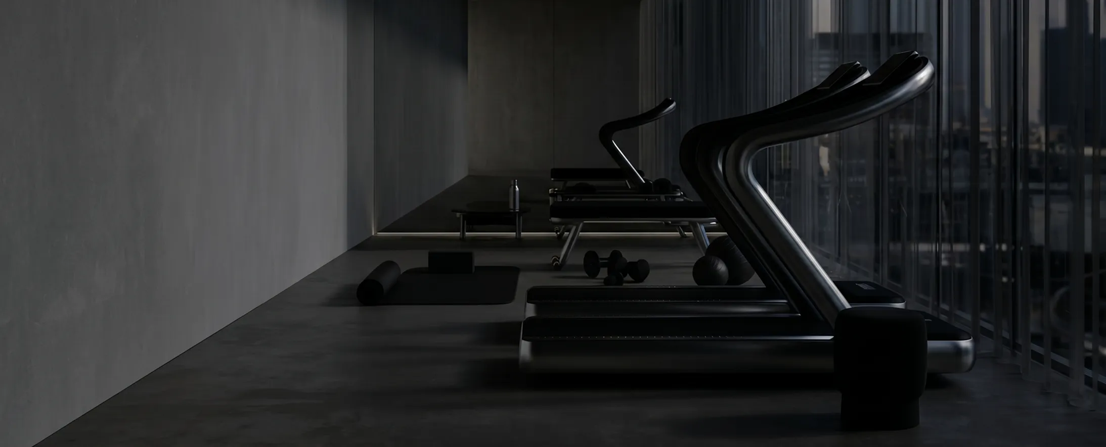 Dark modern gym with treadmills, a yoga mat, dumbbells, and exercise balls near a glass wall.